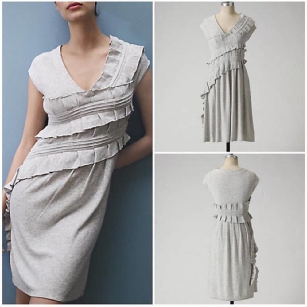 Anthropologie Knitted & Knotted Whirling Wool Cashmere Grey Ruffle Sweater Dress